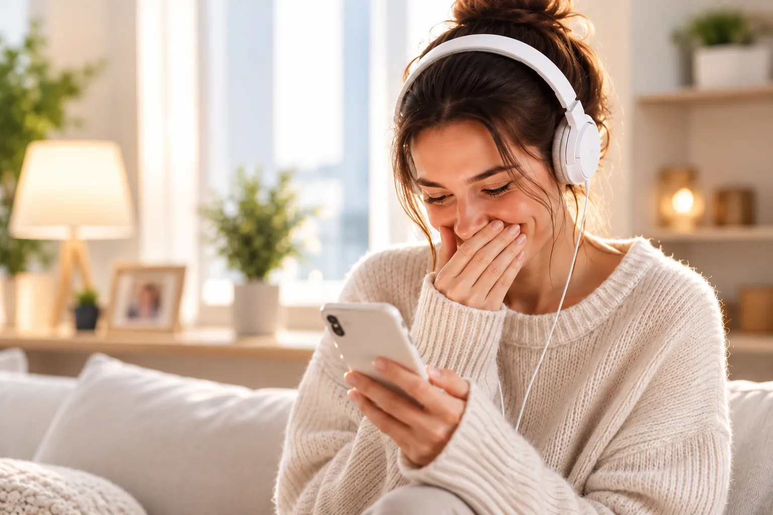 Mujer emocionada escuchando una canción con auriculares